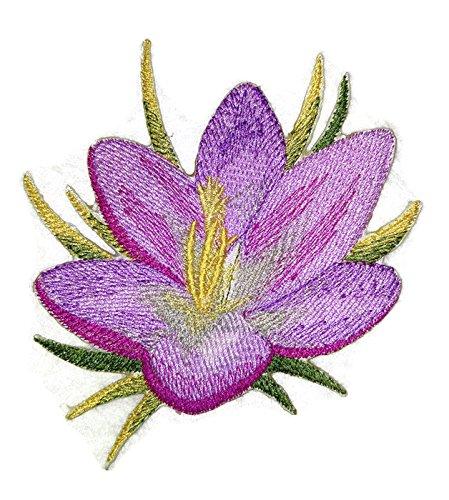 Garden's Best Delight Crocus embroidered patch, 3.5 inches, featuring vibrant colors and intricate stitching on a cotton base.